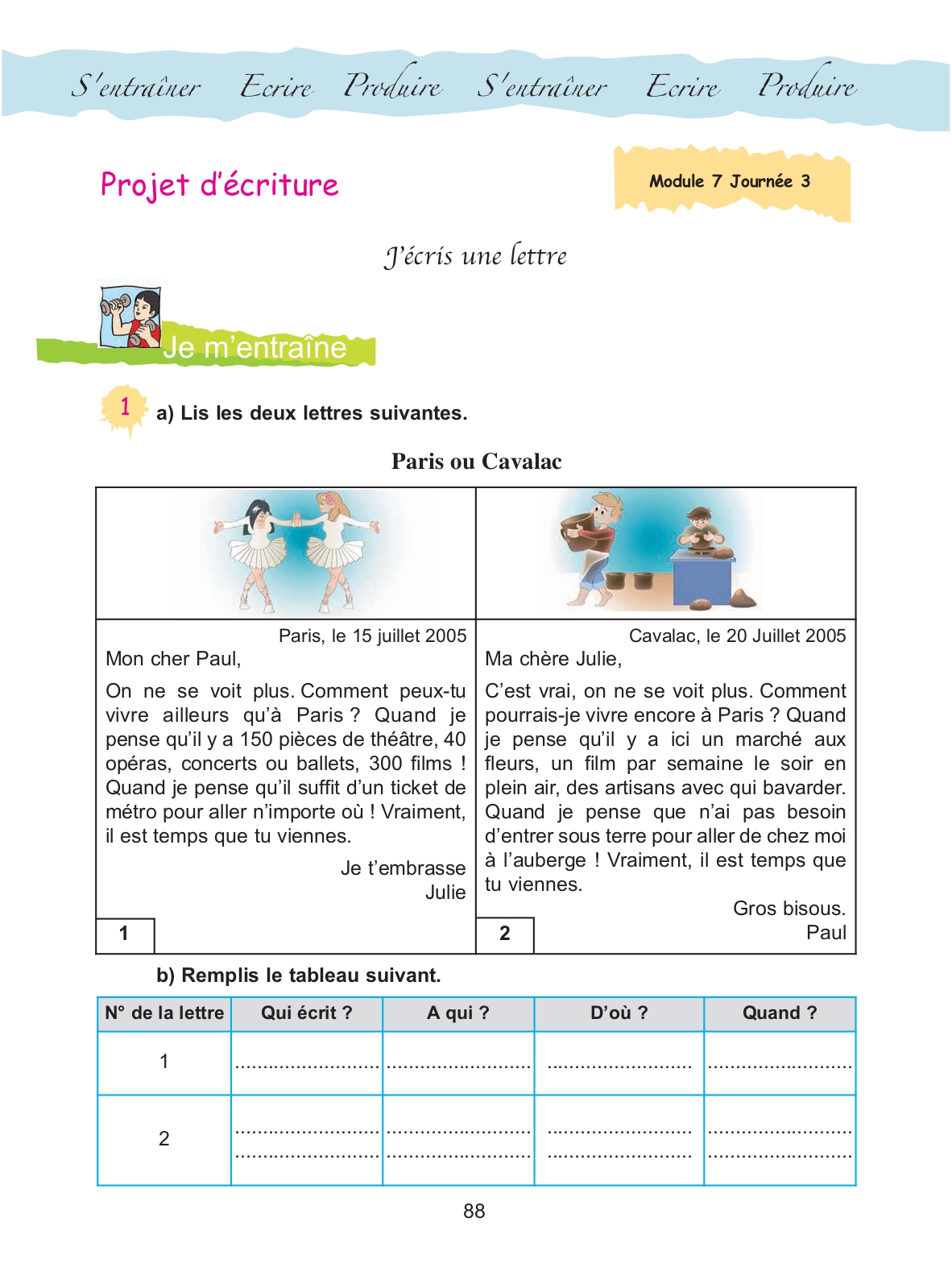 Cahier d'activités, page 88 : « Projet d'écriture — J'écris une lettre »